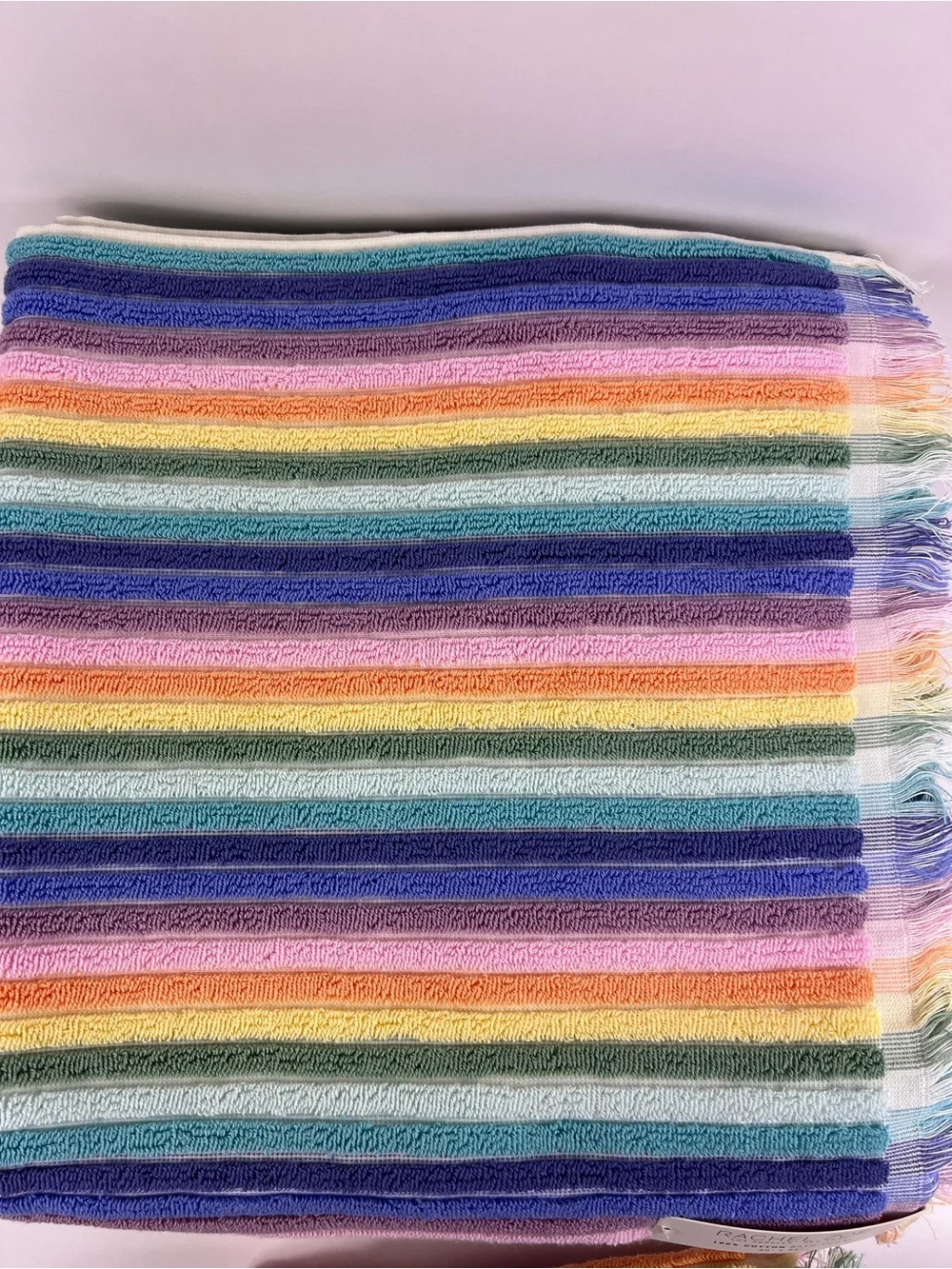Rachel Zoe Bath Towels Rainbow Pastel Striped with Fringe Cotton Set of 2 NEW